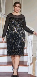 Adult Female Costumes to Hire - GATSBY - Mesh sleeves - black & gold sequin - 3XL